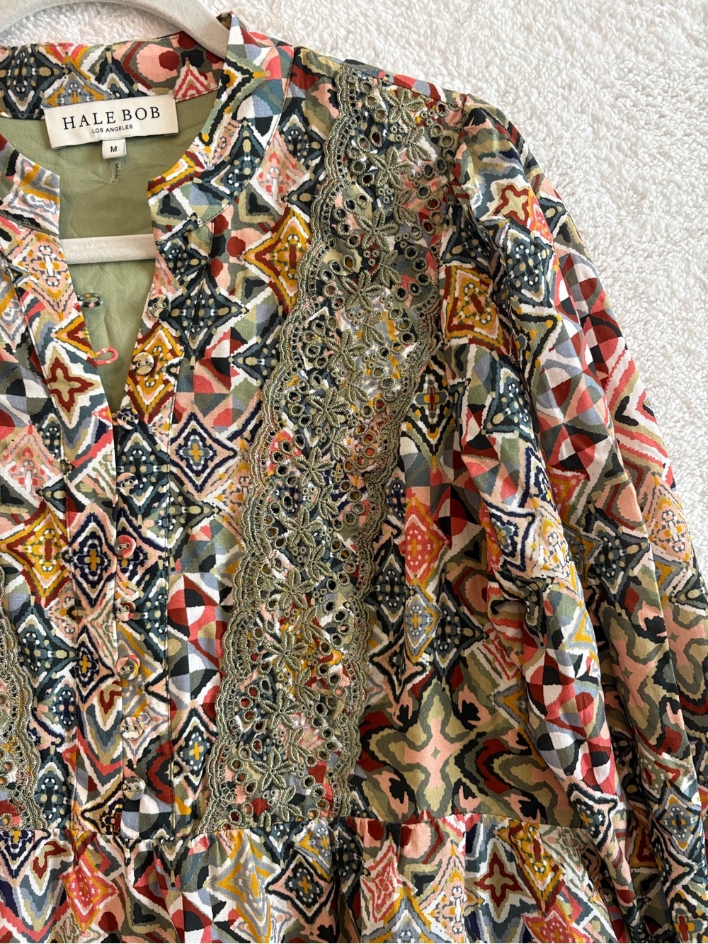 Hale Bob Amari Embroidered Olive Boho Long Sleeve Mini Dress Size Medium - Picture 2 of 11